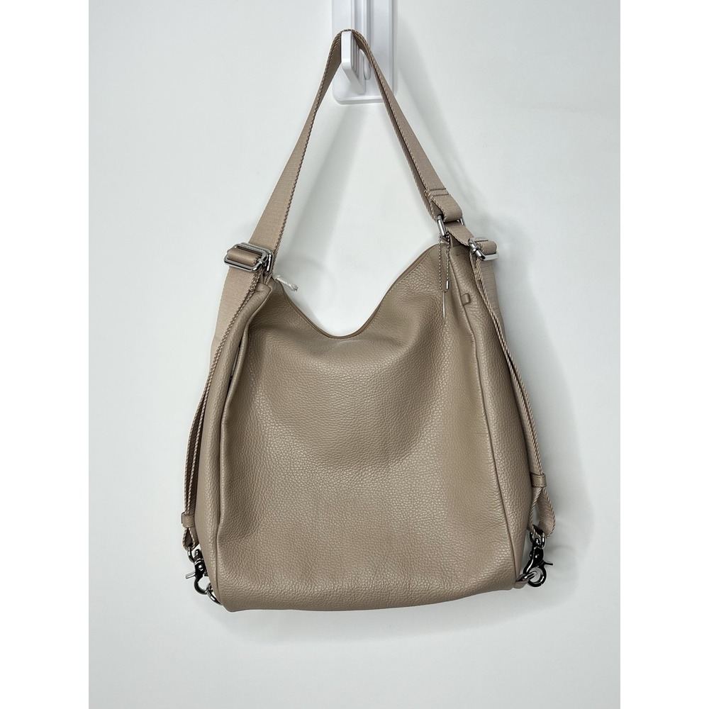 Mandarina Duck Leather Hobo Shoulder Bag Taupe Jacquard Strap Backpack Tote NEW!